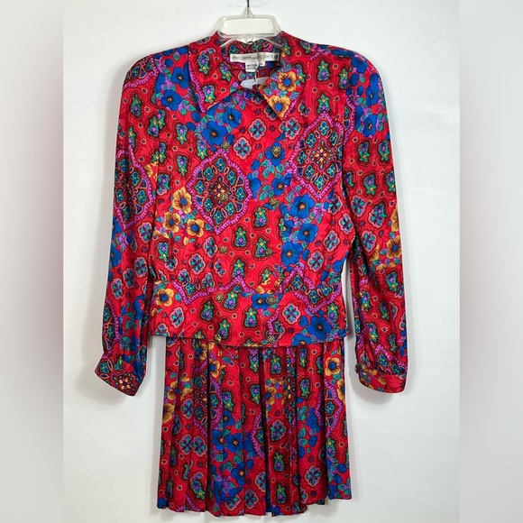 Anne Crimmins VTG Two Piece Skirt Set Red Floral 80s 90s Shoulder Pads 100% Silk